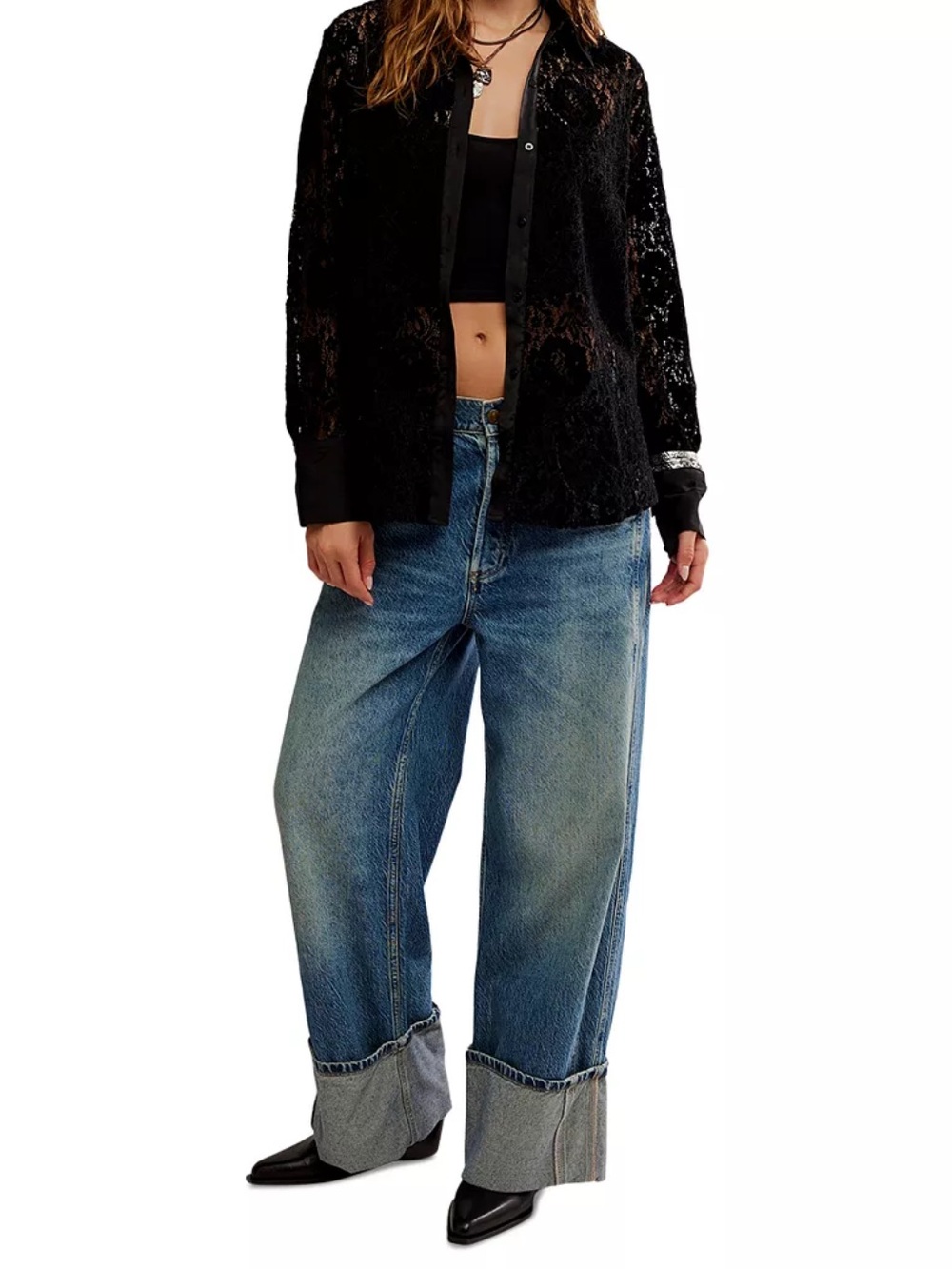 Free People Black Crochet Knit Button-Up Cardigan